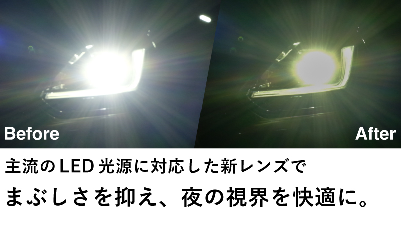 LED光源の眩しさを抑える新レンズの見え方イメージ（Before/After）