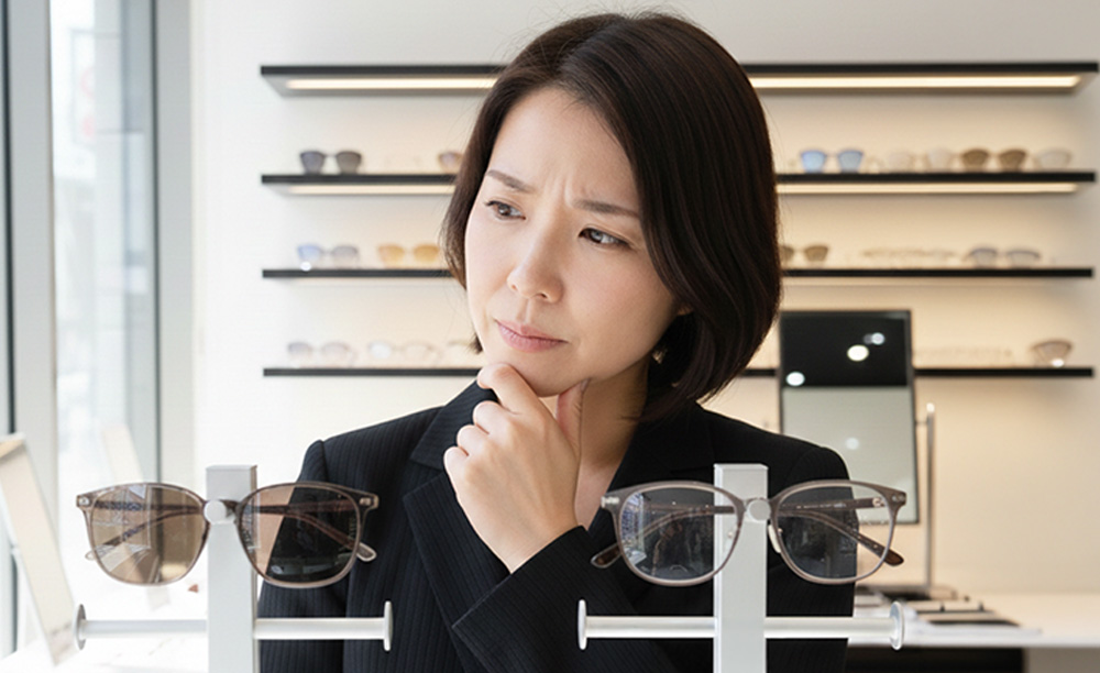 メガネ店で偏光レンズと調光レンズを前にして、どちらを選ぶべきか悩んでいる30代女性の様子